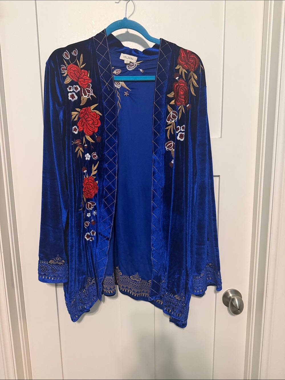 Velzera Royal Blue Boho Velvet Open Embroidered Kimono Cardigan Plus Size 1X